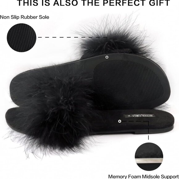 Women's Fuzzy Open Toe Slippers Memory Foam Feather Slides Indoor House Sandals - Picture 4 of 6